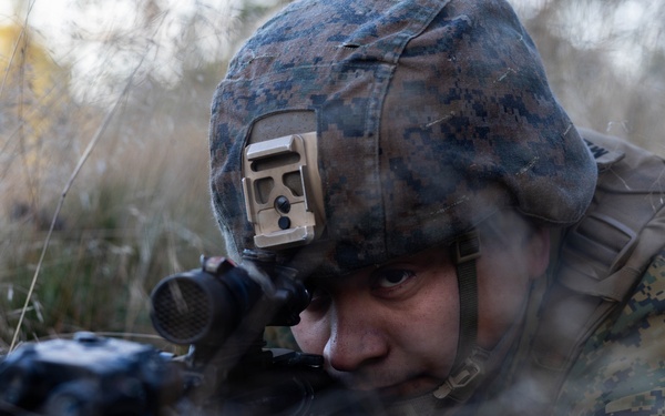U.S. Marines establish a secured area during a bilateral exercise while deployed in the Baltic sea