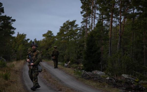 U.S. Marines establish a secured area during a bilateral exercise while deployed in the Baltic sea