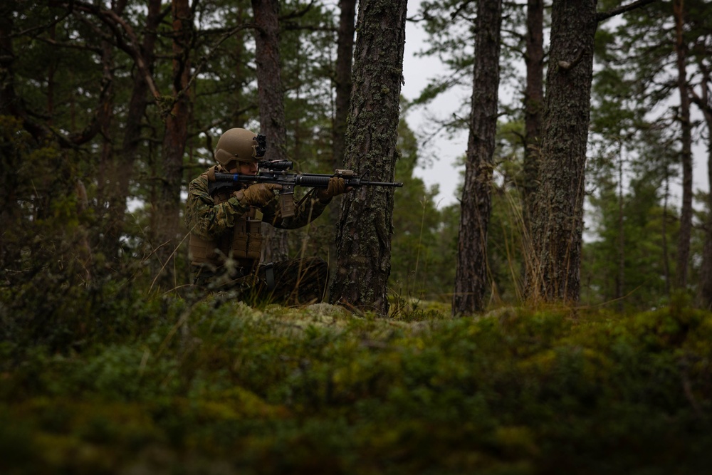 U.S. Marines patrols a training area while in the Baltic Sea
