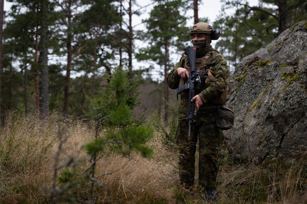U.S. Marines patrols a training area while in the Baltic Sea