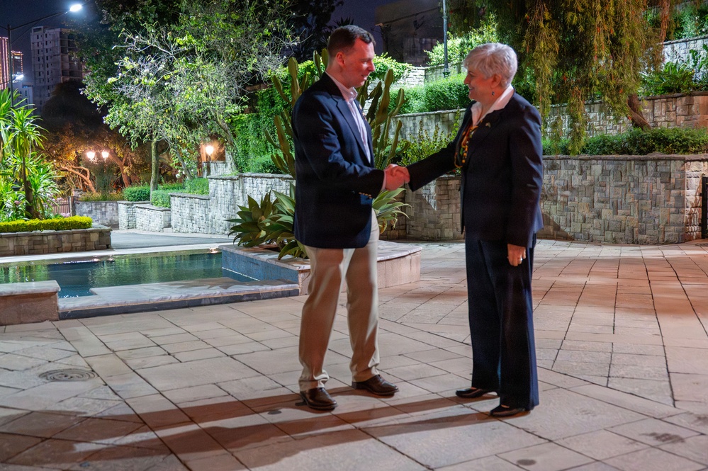Gen. Dagvin Anderson speaks with Ambassador Stephanie Sullivan, U.S. ambassador to the African Union