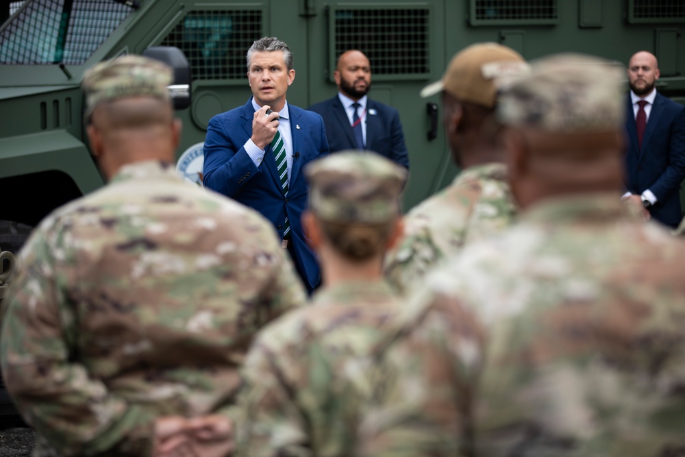 Secretary of War Pete Hegseth addresses National Guard and law enforcement personnel
