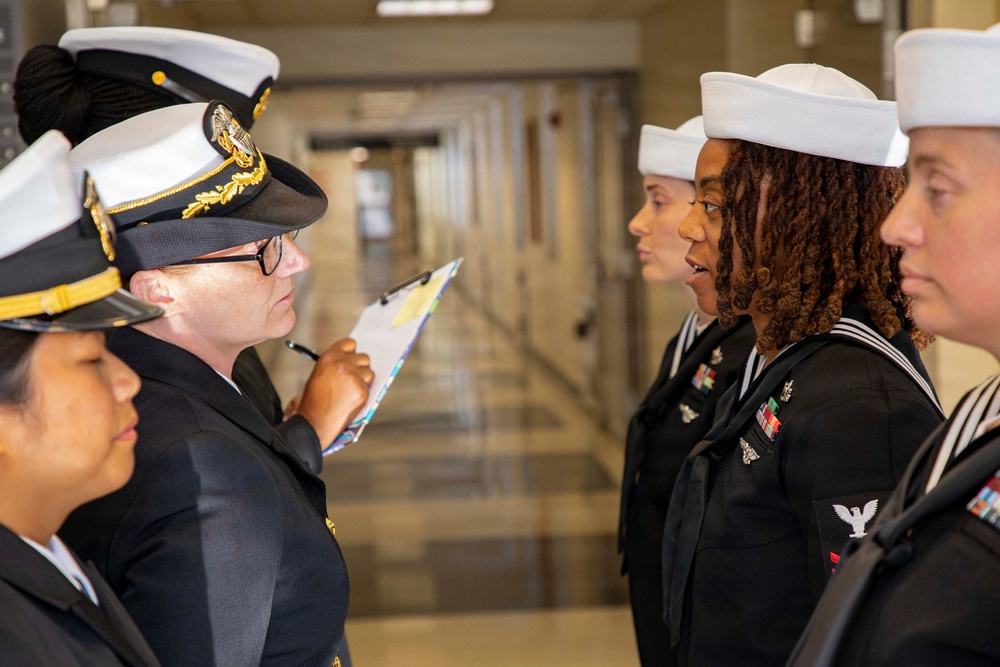 Sailors assigned to Navy Medicine and Readiness Logistic Command Detachment at Naval Medical Forces Atlantic Conduct Uniform Inspection