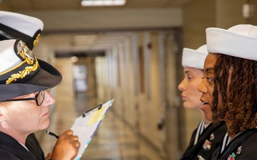 Sailors assigned to Naval Medical Readiness Logistics Command Detachment at Naval Medical Forces Atlantic Conduct Uniform Inspection
