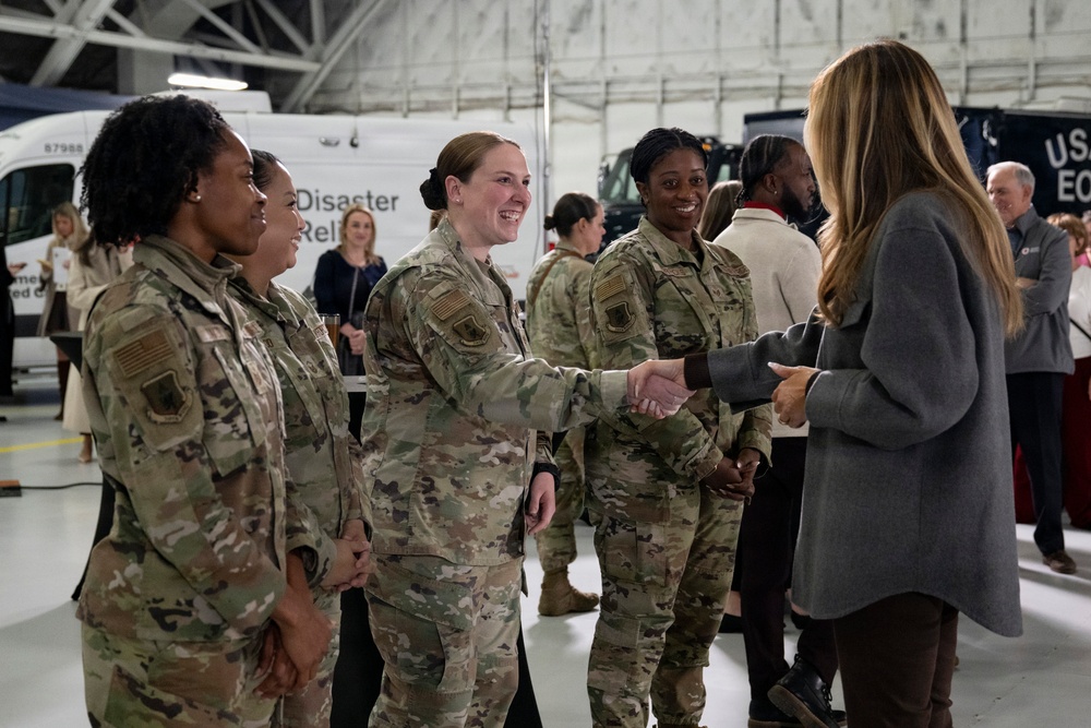 First Lady Melania Trump and Second Lady Usha Vance Partner with Red Cross Making Care Packages at Andrews