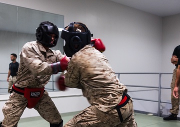 U.S. Marines with Camp Blaz participate in standing and striking during a green belt advancement