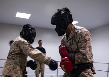 U.S. Marines with Camp Blaz participate in standing and striking during a green belt advancement