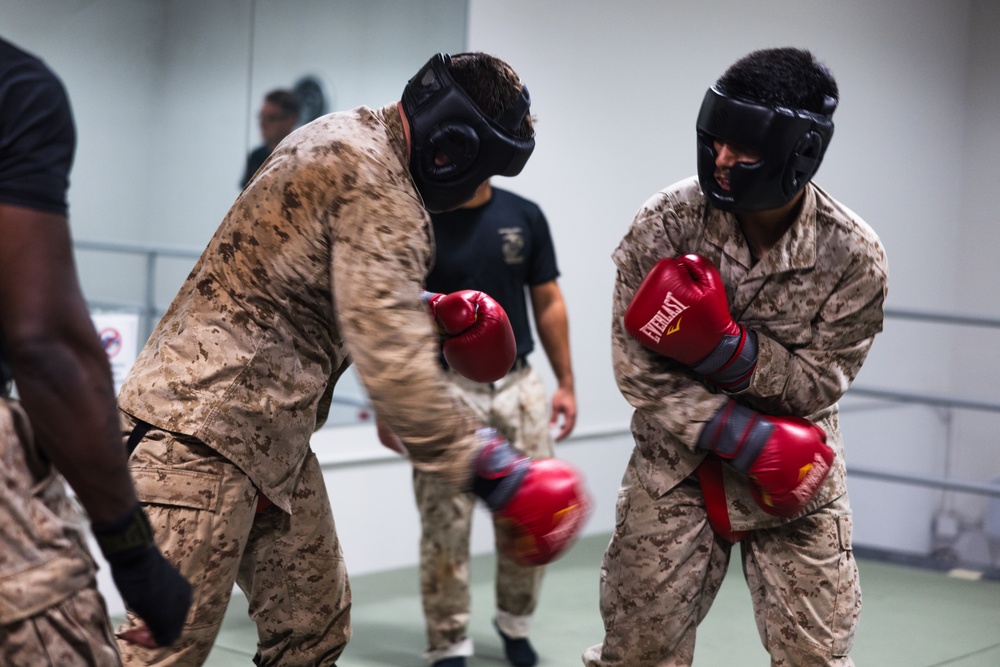 U.S. Marines with Camp Blaz participate in standing and striking during a green belt advancement