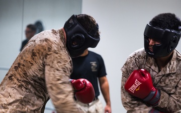 U.S. Marines with Camp Blaz participate in standing and striking during a green belt advancement