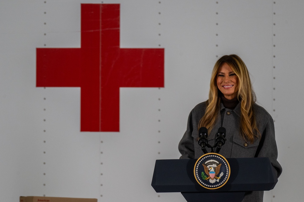 First Lady Melania Trump and Second Lady Usha Vance Partner with Red Cross Making Care Packages at Andrews