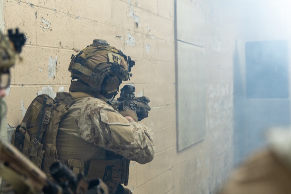Reconnaissance Marines with the 24th Marine Expeditionary Unit conduct rifle shooting drills as a part of Close Quarters Tactics training.