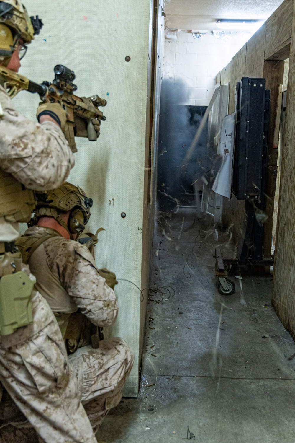 Reconnaissance Marines with the 24th Marine Expeditionary Unit conduct room clearing drills as a part of Close Quarters Tactics training.