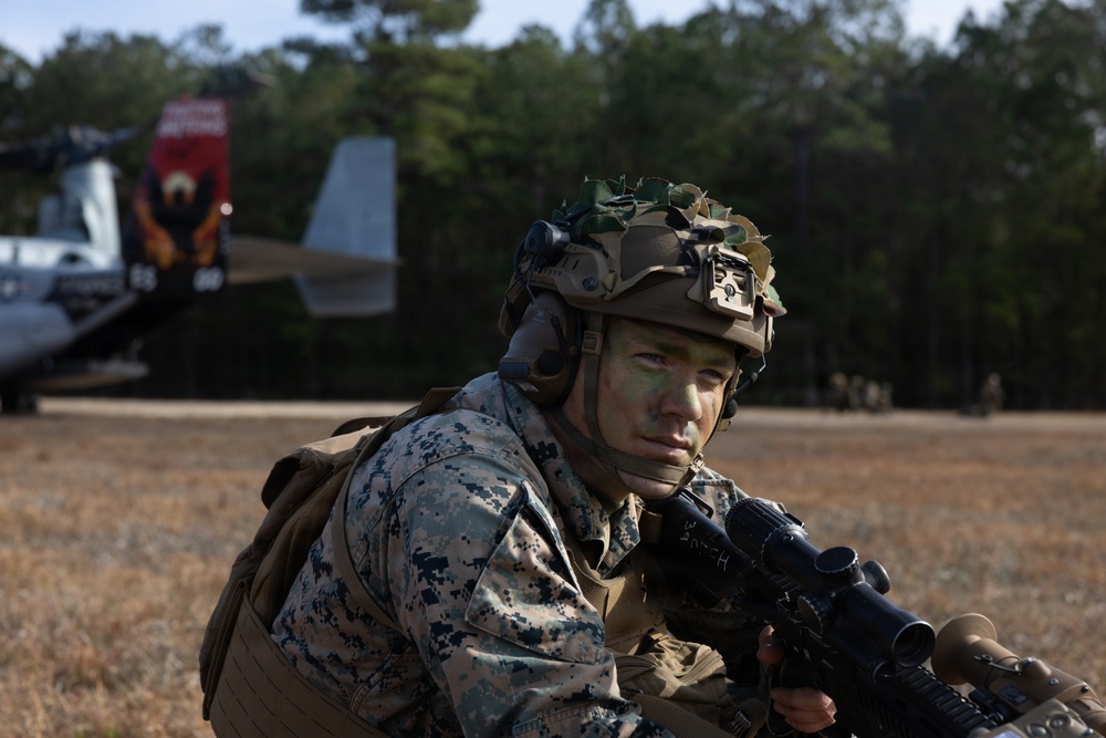 Marines with Advanced Infantry Training Battalion participate in an aerial insertion training exercise
