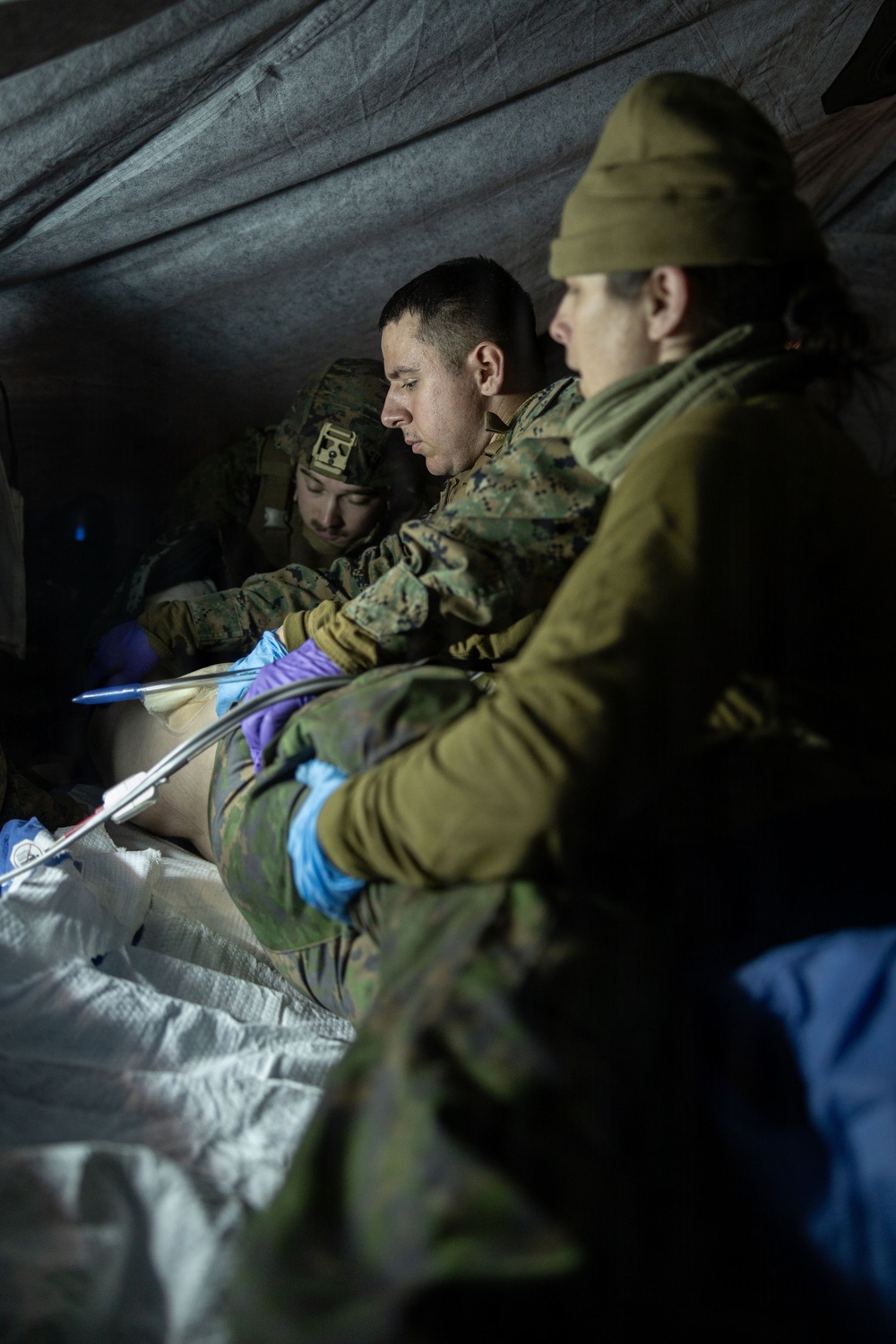 U.S. Navy Sailors alongside Finnish service members execute a simulated mass casualty response