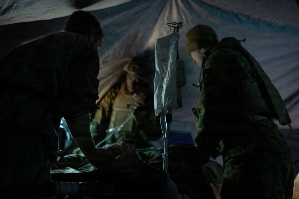 U.S. Navy Sailors alongside Finnish service members execute a simulated mass casualty response