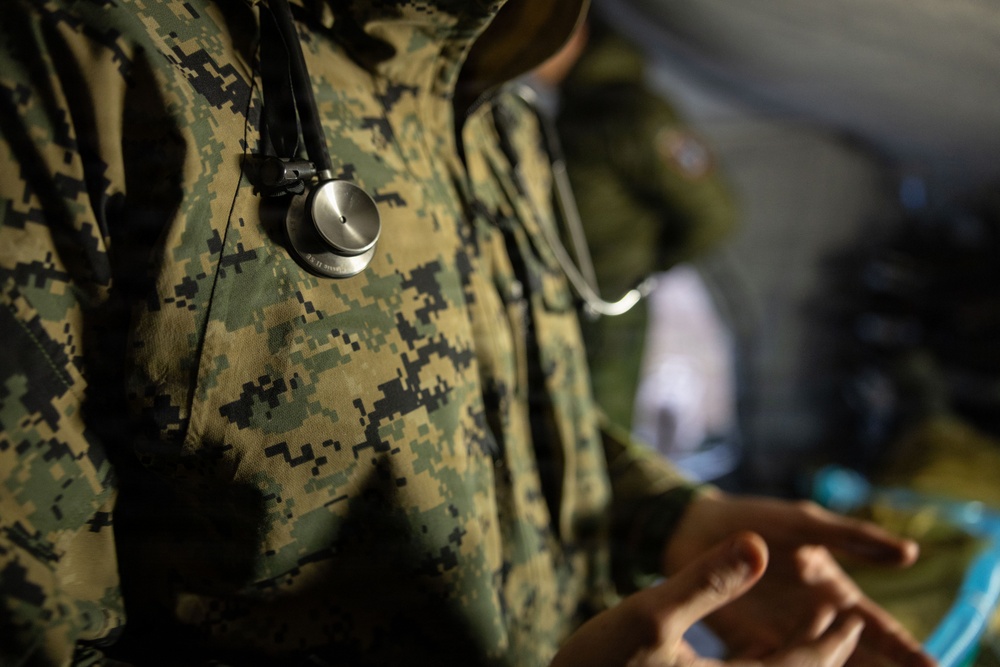 U.S. Navy Sailors alongside Finnish service members execute a simulated mass casualty response