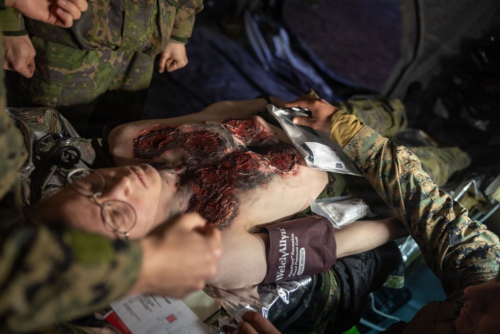 U.S. Navy Sailors alongside Finnish service members execute a simulated mass casualty response