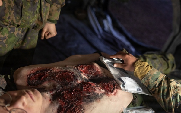 U.S. Navy Sailors alongside Finnish service members execute a simulated mass casualty response