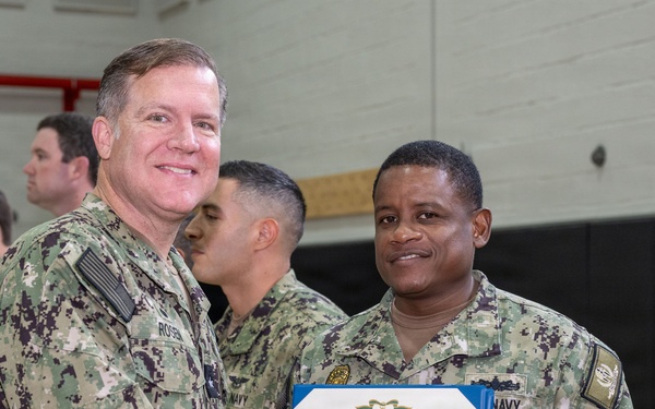 CNREURAFCENT Rear Adm. Brad Rosen hosts an All Hands at NSA Souda Bay