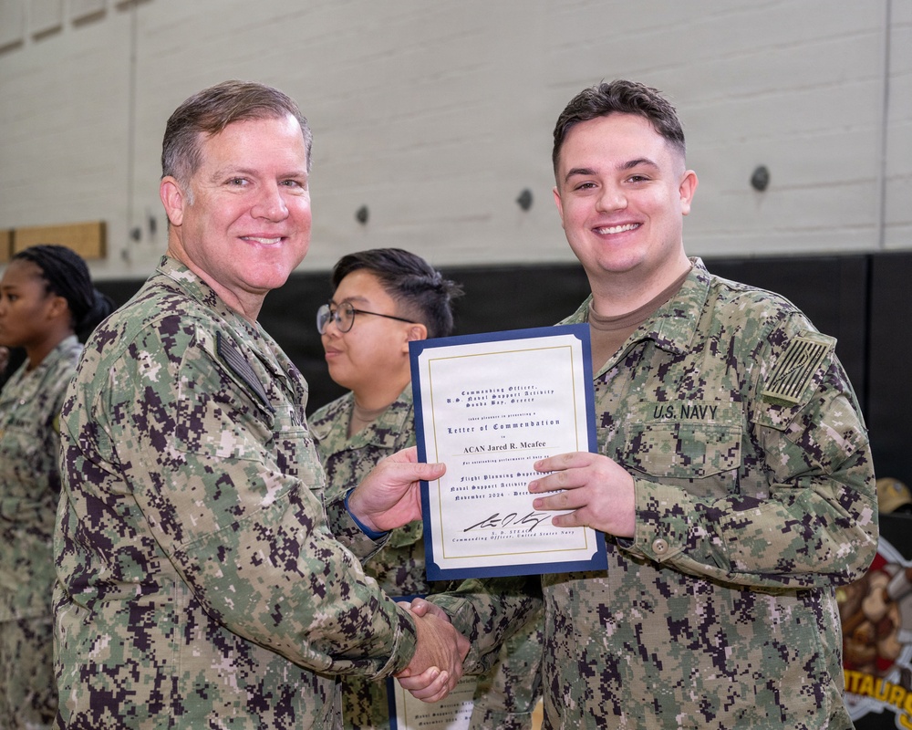 CNREURAFCENT Rear Adm. Brad Rosen hosts an All Hands at NSA Souda Bay