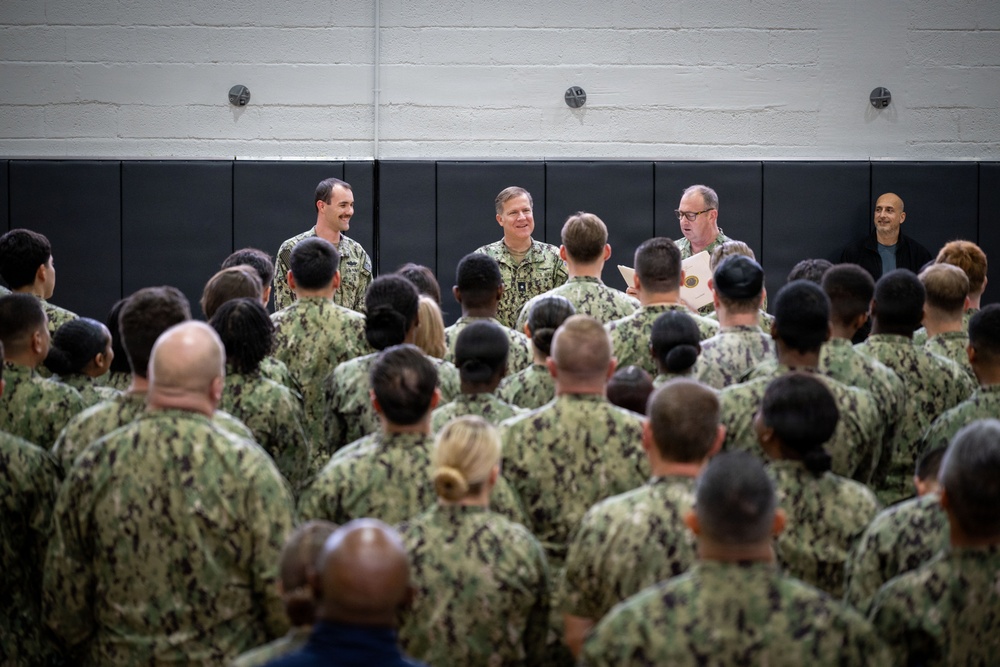 CNREURAFCENT Rear Adm. Brad Rosen hosts an All Hands at NSA Souda Bay