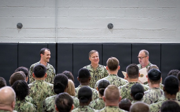 CNREURAFCENT Rear Adm. Brad Rosen hosts an All Hands at NSA Souda Bay