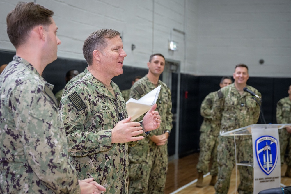 CNREURAFCENT Rear Adm. Brad Rosen hosts an All Hands at NSA Souda Bay