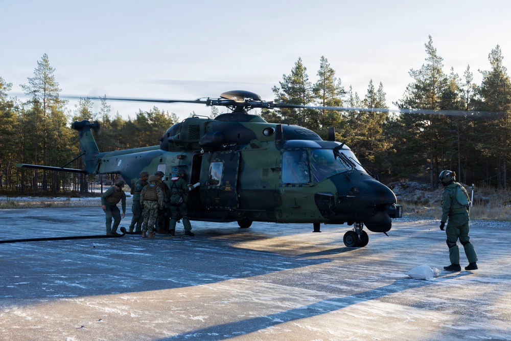 U.S. Marines, Sailors set up a forward arming and refueling point supporting Finnish Defense Forces