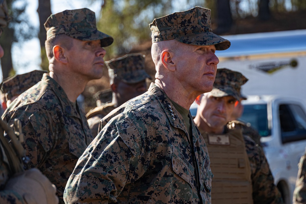 The Commandant, Gen. Eric M. Smith and the Sergeant Major of the Marine Corps, Carlos A. Ruiz watch a Drone Capabilities Demonstration