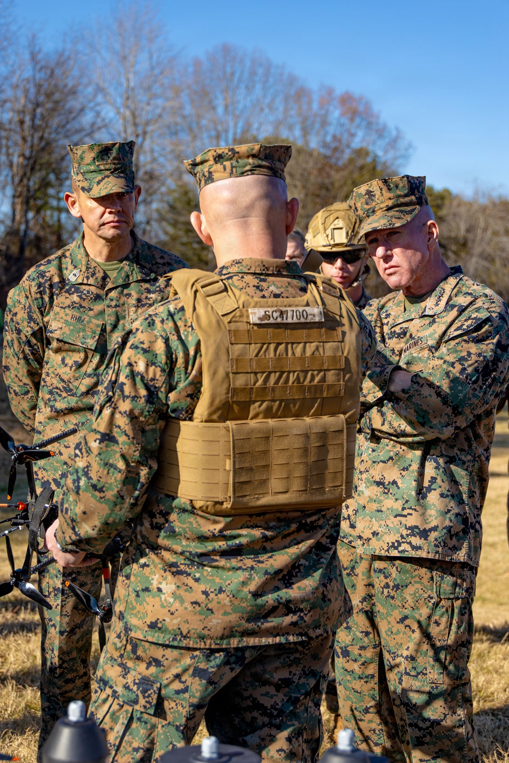 The Commandant, Gen. Eric M. Smith and the Sergeant Major of the Marine Corps, Carlos A. Ruiz watch a Drone Capabilities Demonstration