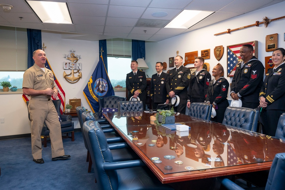Master Chief Petty Officer of the Navy John J. Perryman speaks with the fiscal year 2025 Recruiter of the Year awardees during a visit to the Pentagon