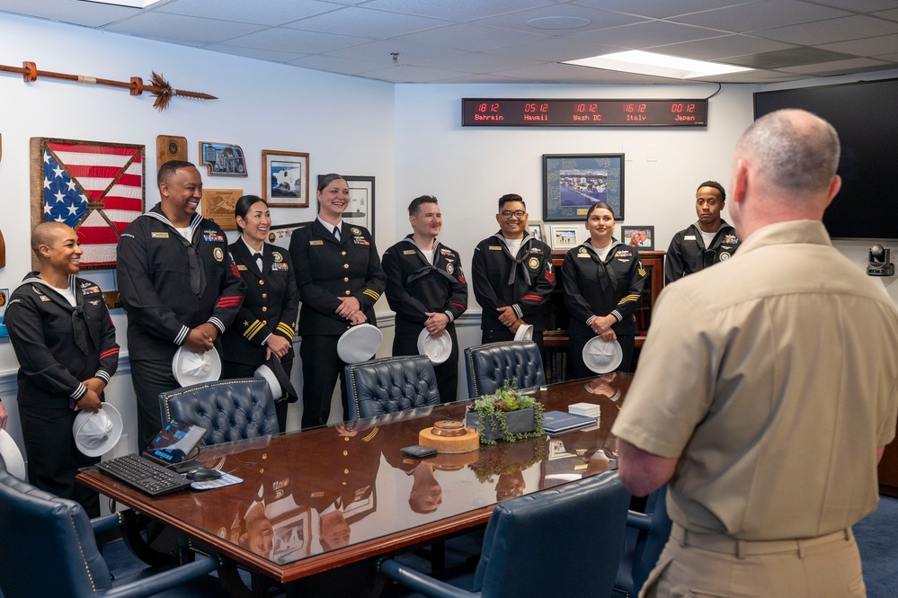 Master Chief Petty Officer of the Navy John J. Perryman speaks with the fiscal year 2025 Recruiter of the Year awardees during a visit to the Pentagon