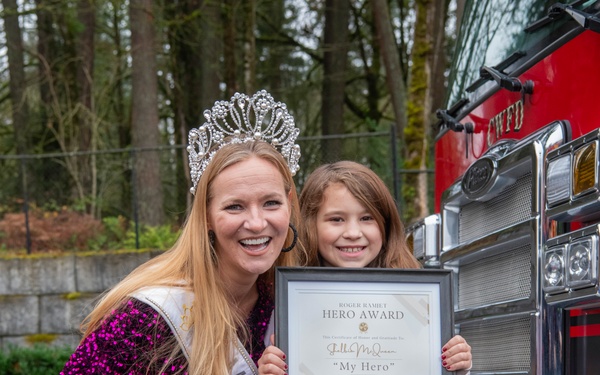Third-grader Shelbie McQueen from Camas, Washington, is recognized for her exceptional courage and quick thinking