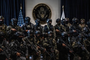 A MV-22 Osprey supporting USAID and JTF-Haiti delivers aid supplies in Troirac