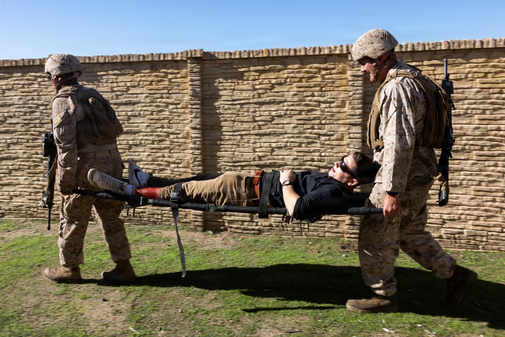 1st Bn., 5th Marines, joint partners conduct simulated embassy casualty evacuation during Steel Knight 25