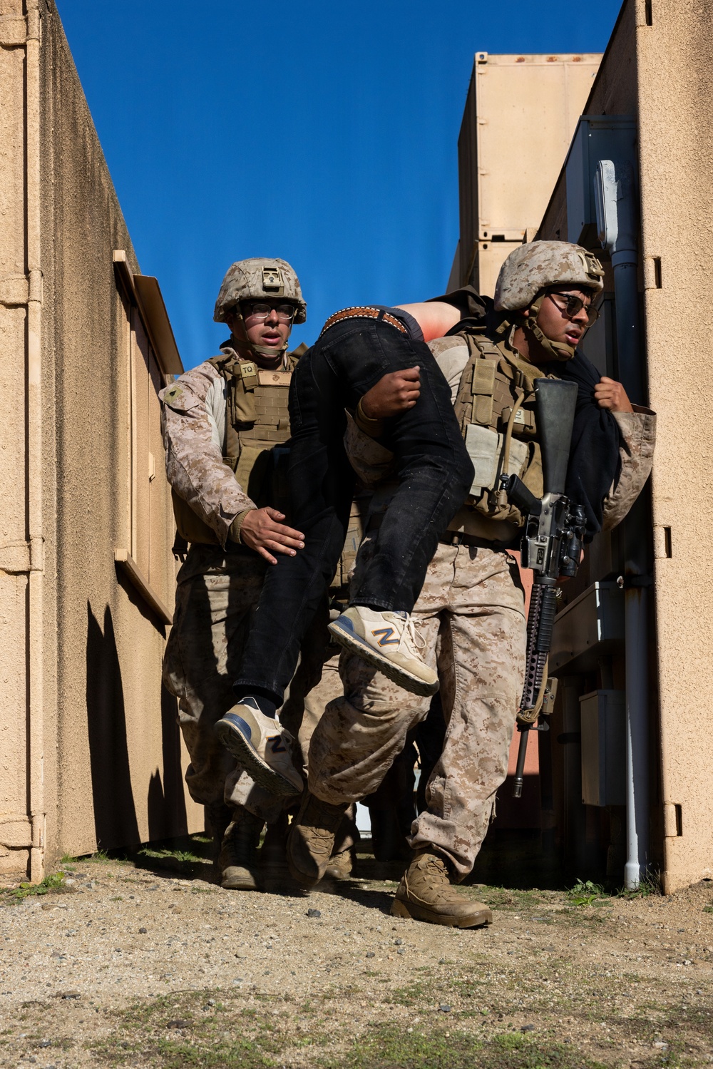 1st Bn., 5th Marines, joint partners conduct simulated embassy casualty evacuation during Steel Knight 25
