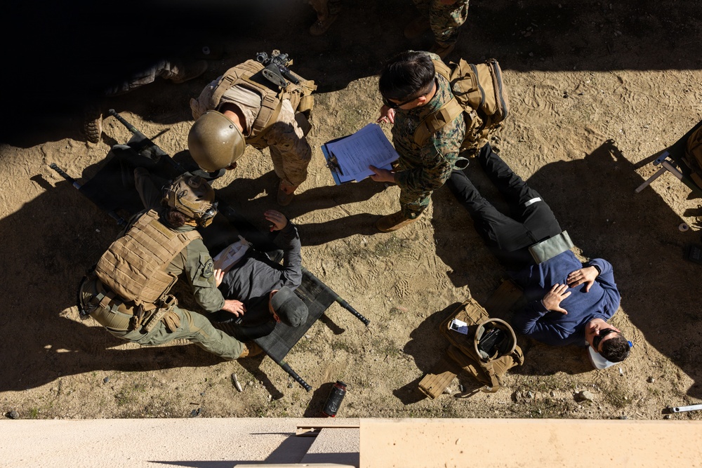1st Bn., 5th Marines, joint partners conduct simulated embassy casualty evacuation during Steel Knight 25