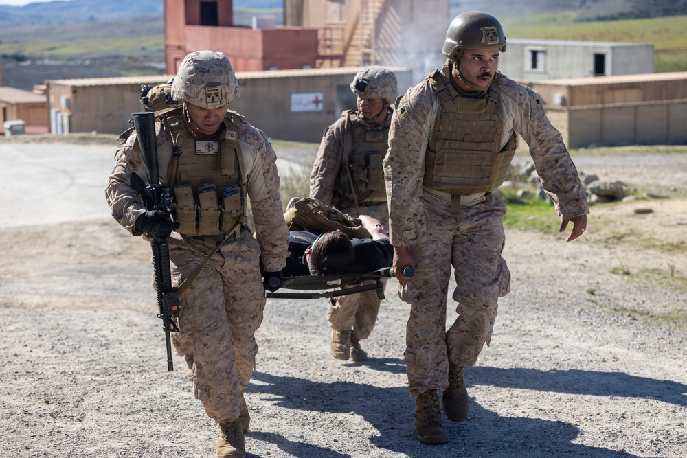 1st Bn., 5th Marines, joint partners conduct simulated embassy casualty evacuation during Steel Knight 25