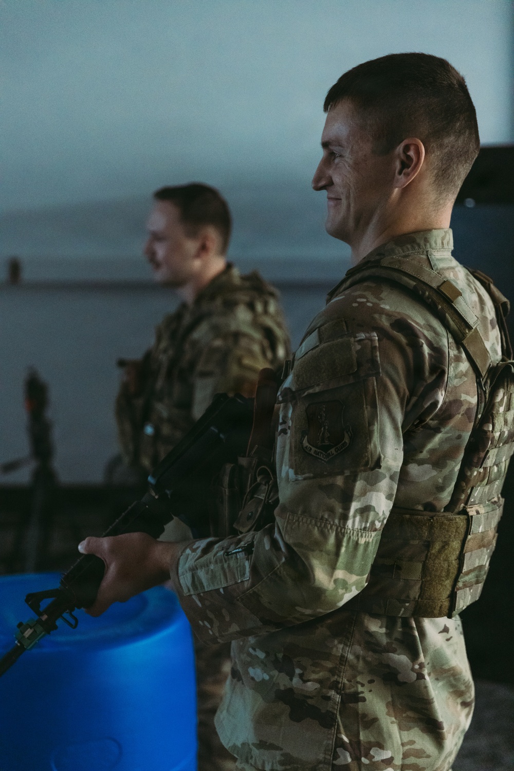 Airmen of the 139th Security Forces Squadron train with firearms simulator