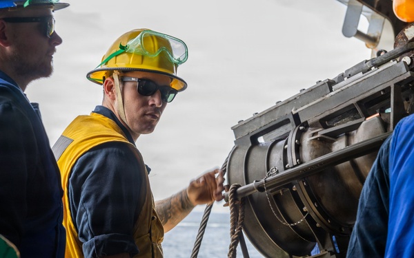 USS San Antonio (LPD 17) conducts a replenishment-at-sea.