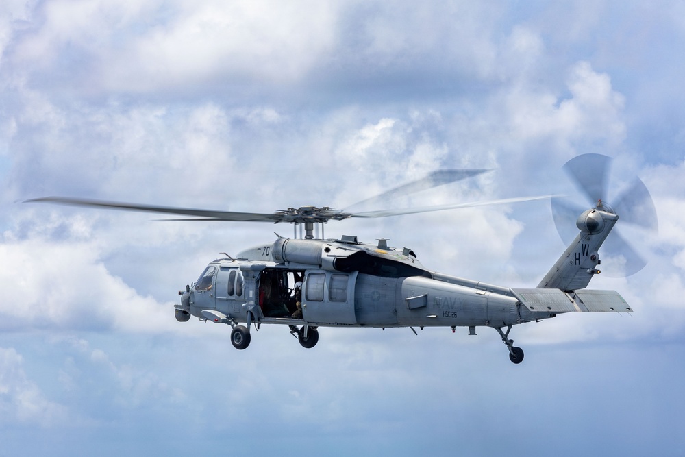 USS San Antonio (LPD 17) conducts a replenishment-at-sea.