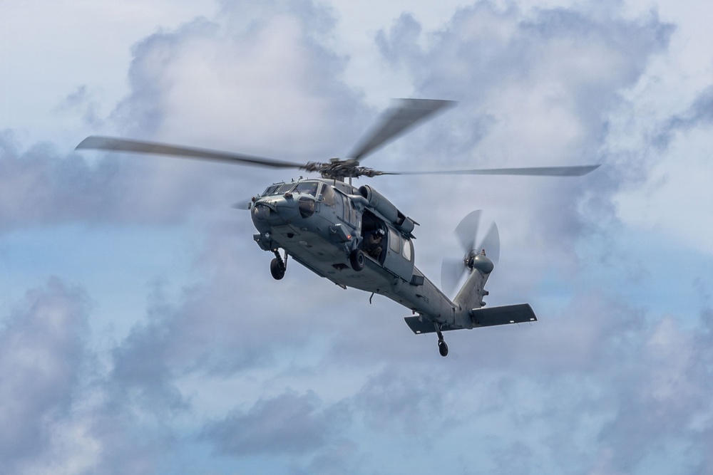 USS San Antonio (LPD 17) Conducts a Replenishment-at-Sea.