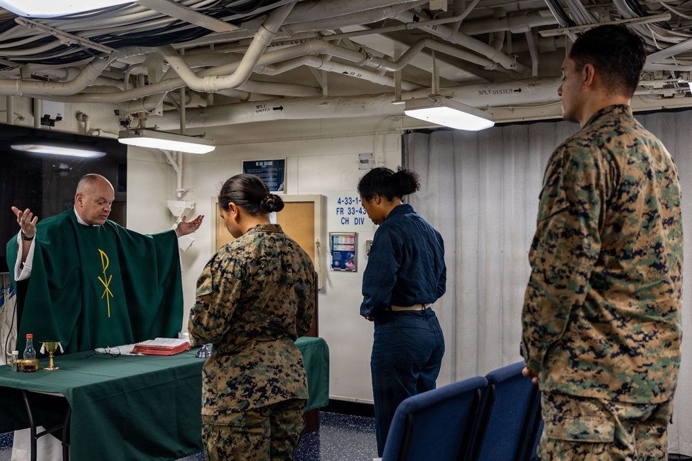 Marines and Sailors Hold Mass Aboard USS San Antonio