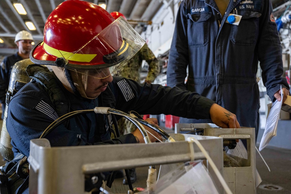 USS America (LHA 6) Conducts a Damage Control Inspection Drill