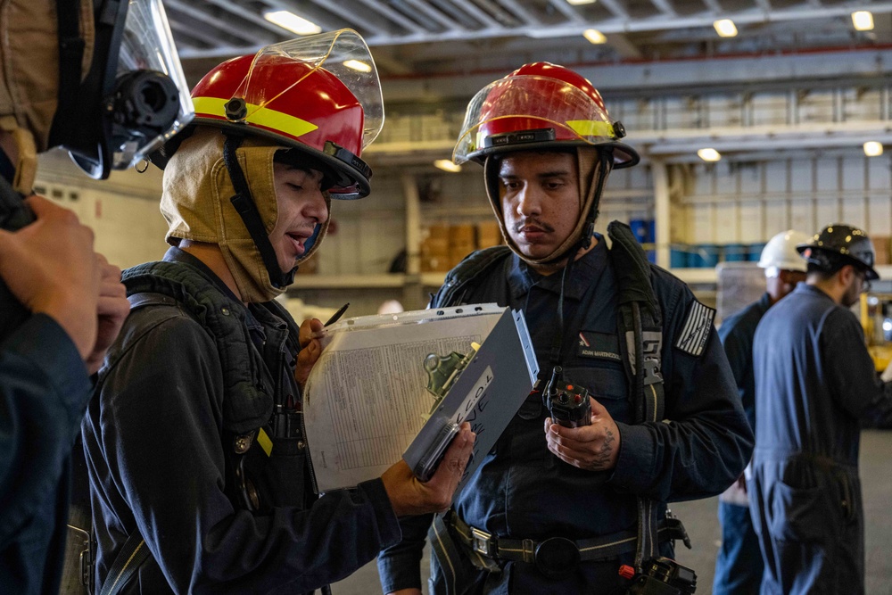 USS America (LHA 6) Conducts a Damage Control Inspection Drill