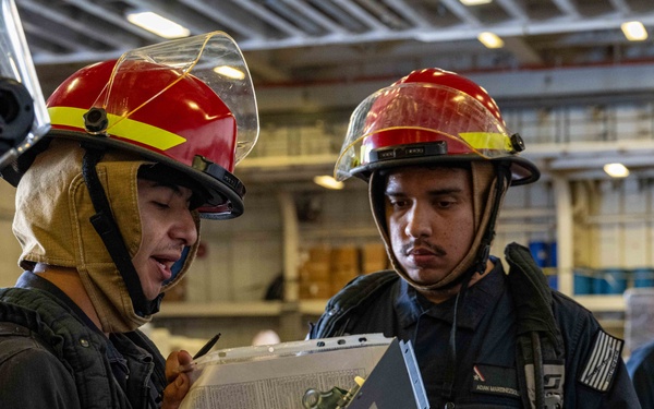 USS America (LHA 6) Conducts a Damage Control Inspection Drill