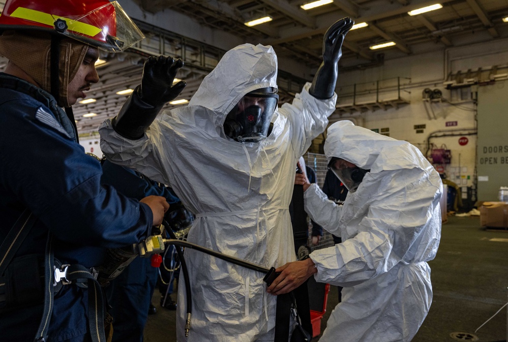 USS America (LHA 6) Conducts a Damage Control Inspection Drill