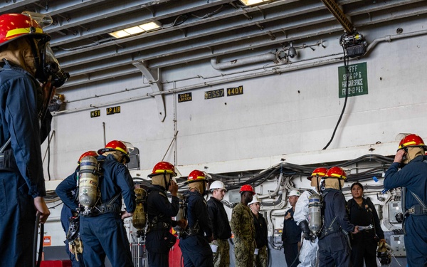 USS America (LHA 6) Conducts a Damage Control Inspection Drill