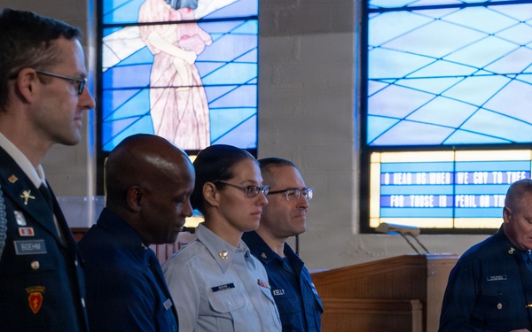 MST1 Alexandra Boehm, a reservist assigned to Sector New York, is meritoriously advanced during an all-hands event.