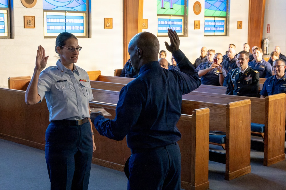 MST1 Alexandra Boehm, a reservist assigned to Sector New York, is meritoriously advanced during an all-hands event.